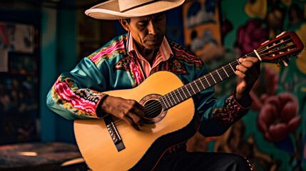 Fototapeta premium Man Playing Guitar with Mexican Sombrero