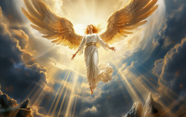 angel,  Heavenly angel rising upwards, Archangel, sacred source, shimmering brilliance, divine glow, Angelic space backdrop, gorgeous celestial background.  Generative AI