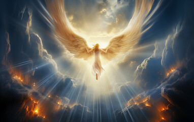 angel, Angel ascending from the celestial realm, Archangel, divine wellspring, radiant brilliance, godly light, Angelic cosmic atmosphere, breathtaking heavenly scenery.   Generative AI - obrazy, fototapety, plakaty