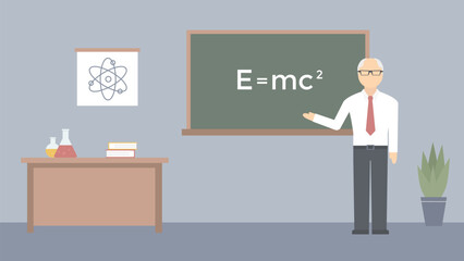The physics teacher is standing at the board in the classroom. Lecture in a school or college.  