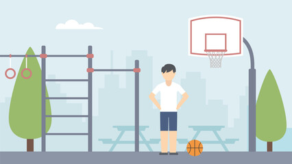 Child plays with a ball at the playground. Physical education and sporting activities concept. Basketball player in park illustration. 