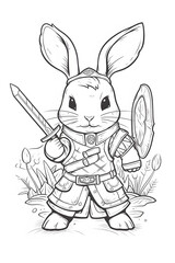 Fototapeta na wymiar Rabbit warrior holding a sword, coloring page black and white