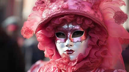 Vibrant carnival masks adorn the streets of Venice during a traditional festival, creating a kaleidoscope of colors. Generative AI	