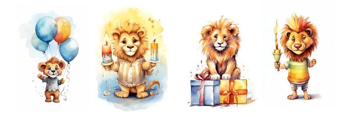 A set of illustrations in a watercolor style for the design of invitation cards for a children's birthday on the theme of Leo party: with a cake, with a gift box, happy flowers, AI generated