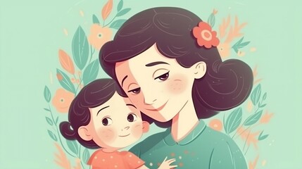 Mom with child. Mother's Day illustration. Generative AI 
