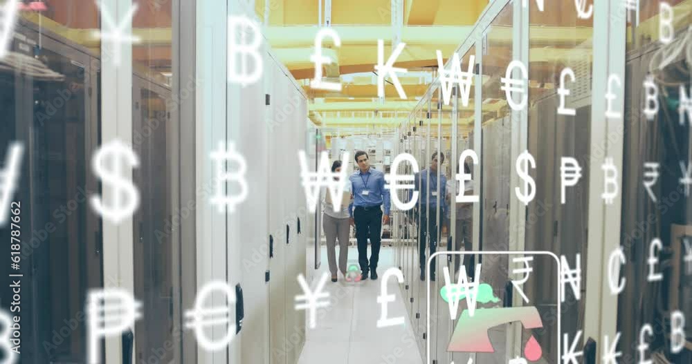 Poster animation of data processing over diverse it technicians and computer servers