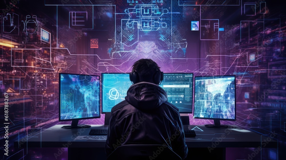 Poster depict a skilled cyberpunk hacker in a futuristic setting, surrounded by holographic interfaces, int