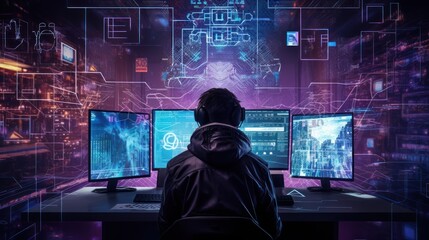 Depict a skilled cyberpunk hacker in a futuristic setting, surrounded by holographic interfaces, intricate code, and virtual reality elements