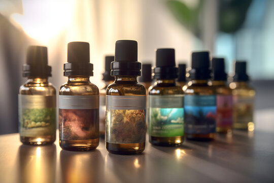 Glass bottles of different essential oils