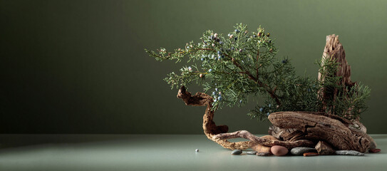 North nature scene with a composition of juniper, stones, and dry snags.