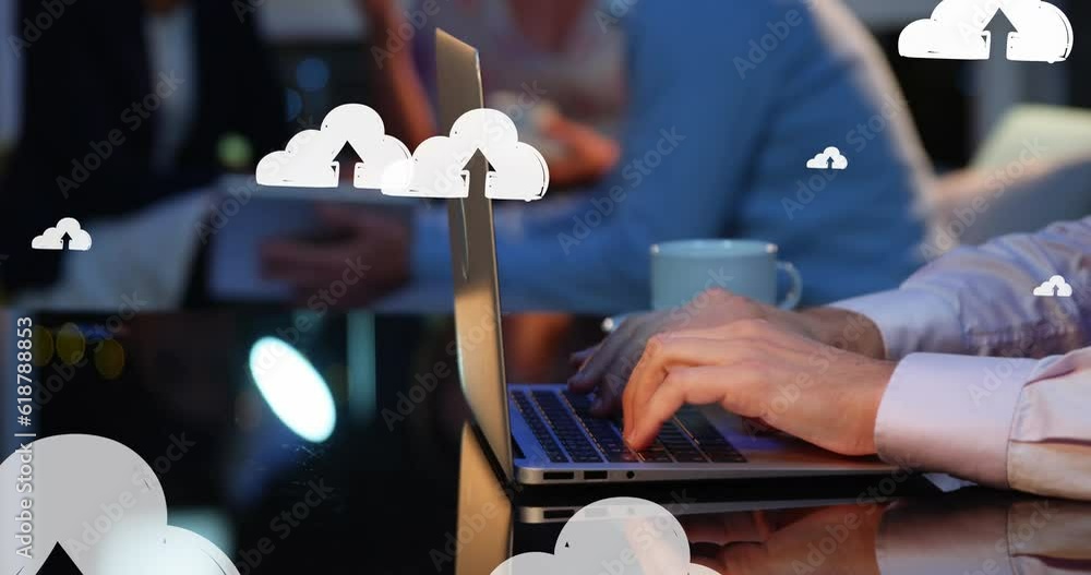 Poster animation of up arrow in clouds over cropped hands of caucasian man typing on keyboard of laptop
