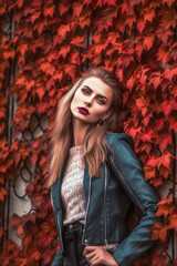 Fototapeta premium Generative AI illustration of Beautiful young caucasian woman with background of red leaves in autumn colors dressed in the latest fashion