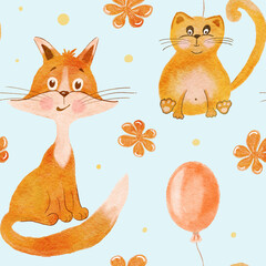 Cheerful red cat and fox with flowers and a balloon. Seamless children's pattern with animals. The illustration is hand drawn.