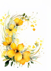 Watercolor round frame with yellow flowers on white background with copy space inside. Ai generated