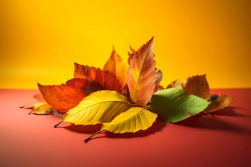 Fototapeta na wymiar Generative AI illustration of Background featuring autumn colored leaves illuminated with rays of sunlight.