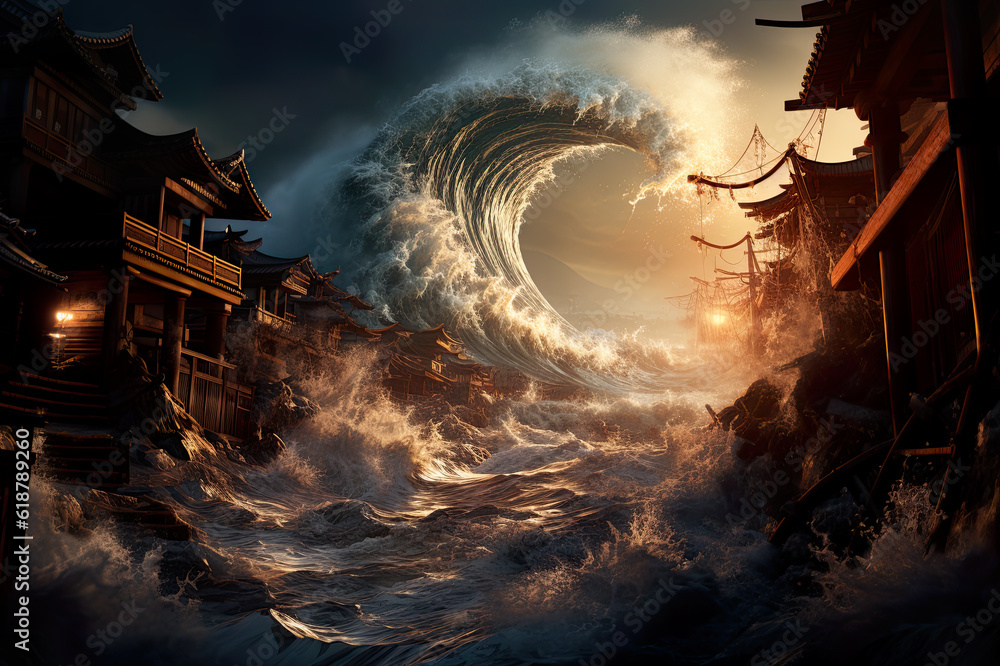 Poster a large wave crashes over a building in the ocean. generative ai.