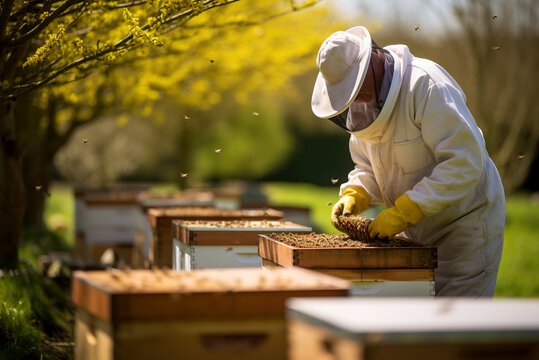 A beekeeper in a protective suit works with honeycombs in the apiary. Beekeeping in the countryside.
