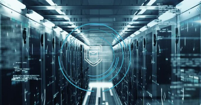 Animation of security sheild icon, mosaic sqaures and data processing against computer server room