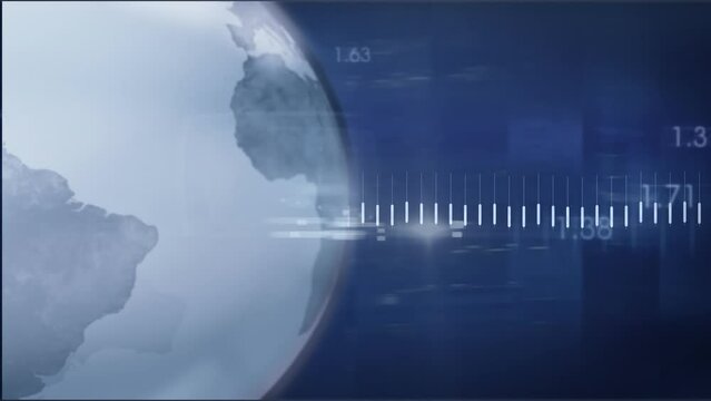 Animation of light spot and data processing over spinning globe against blue background