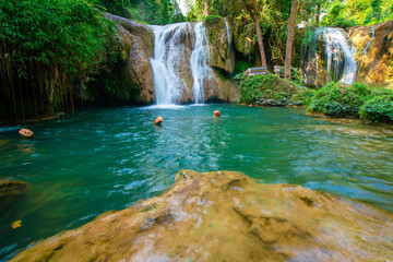 Naklejka premium Waterfall in tropical rainforest with green tree forest in Phayao north of Thailand