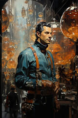 A painting of a man in a science fiction setting. Generative AI.