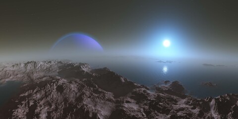 extraterrestrial landscape, alien star sunset, HDRI, 3d rendering