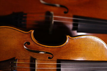 Cello's and violin's antique body closeup. String instruments.