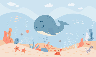 Children graphic illustration for nursery, wallpaper, book cover, textile, cards. Vector illustration with marine theme with cute whale  © Iryna