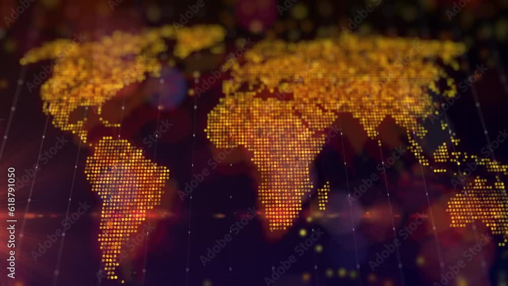 Poster digital map of the world in the form of a bright glowing composition of particles. virtual compositi