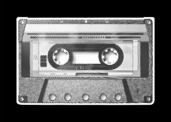 Halftone cassette. Collage design element in trendy magazine style. Vector illustration with vintage cutout shape.