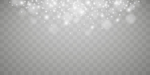 White png dust light. Bokeh light lights effect background. Christmas background of shining dust Christmas glowing light bokeh confetti and spark overlay texture for your design.