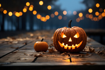 Jack o' lantern halloween pumpkin on top a rustic wooden table generative ai