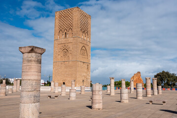 Fototapeta na wymiar Iconic Hassan tower in the center of Rabat, planned as a even higher minaret of a mosque