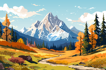 Beautiful autumn mountain landscape vector illustration. Stunning landscape of snowy mountains and autumn forest. Beautiful landscape for printing.