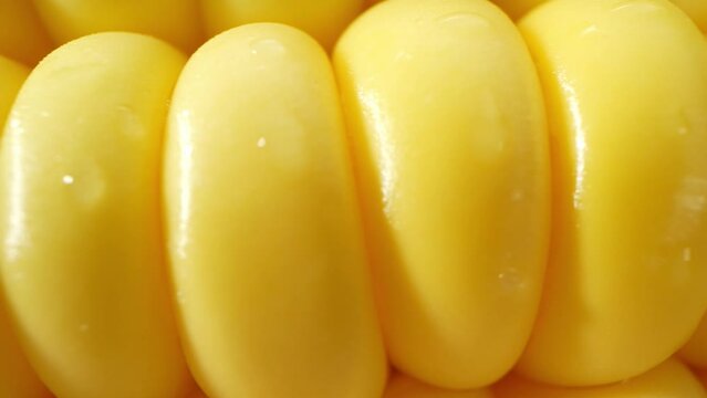 Macro video of sweetcorn showcases its golden kernels in intricate detail, with a tantalizing mix of textures. The probe lens reveals the delicate curves, vibrant hues, and mesmerizing patterns. 4K
