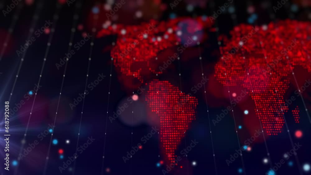 Poster digital map of the world in the form of a bright glowing composition of particles. virtual compositi