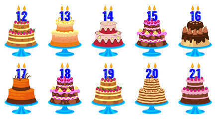 Cartoon birthday cakes with candles 