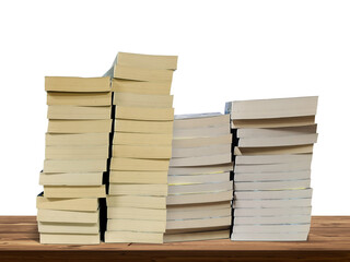 Stack of books lies on wooden table isolated PNG transparent