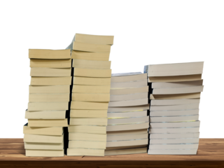 Stack of books lies on wooden table isolated PNG transparent