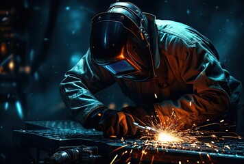 Worker is welding on a dark background. 