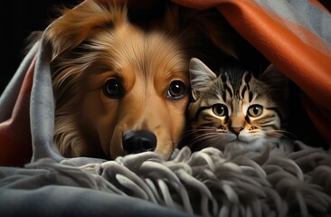 Dog and cat under the blanket together 