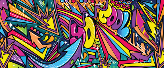 Graffiti doodle art background with vibrant colors hand-drawn style. Street art graffiti urban theme for prints, banners, and textiles in vector format © Themeaseven