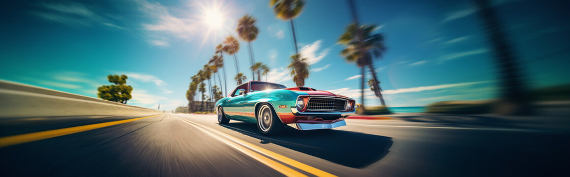 Ssport car drive fast at ocean miami beach. Palm trees, speed. AI generated.