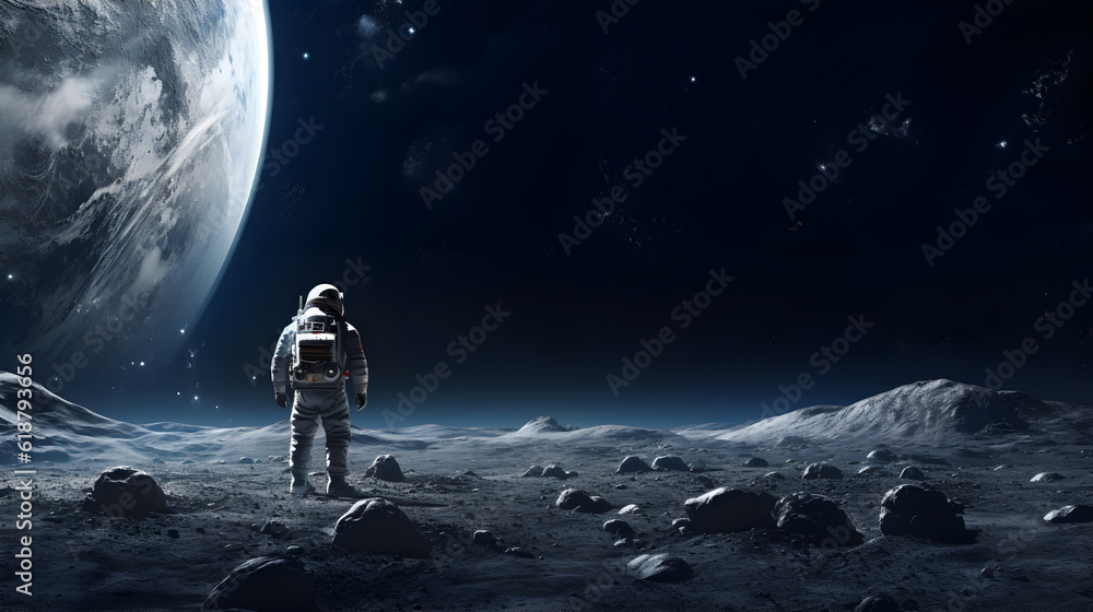 Poster spaceman or astronaut on the surface of moon. ai generated.