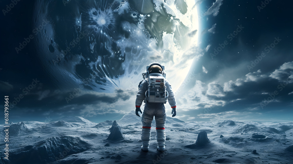 Wall mural spaceman or astronaut on the surface of moon. ai generated.
