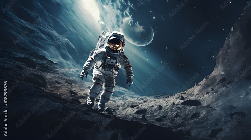 Wall mural spaceman or astronaut on the surface of moon. ai generated.