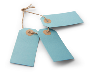 Three blank blue cardboard price tags or label isolated