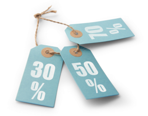 Three blank blue cardboard price tags or label isolated 