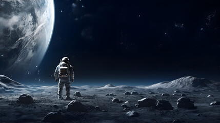 Spaceman or astronaut on the surface of moon. AI generated. - obrazy, fototapety, plakaty