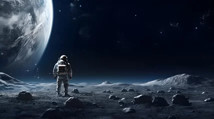 Fotobehang Spaceman or astronaut on the surface of moon. AI generated. © May Thawtar